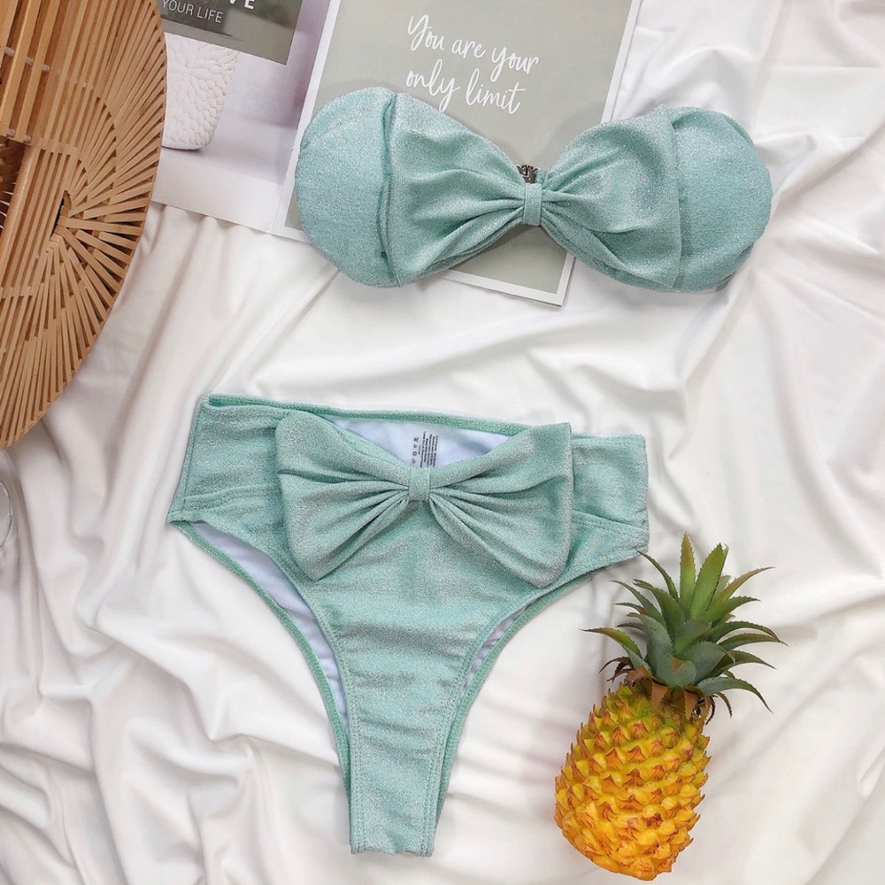 2446 icy green bow tie high waist swimsuits - Picture 2 of 5